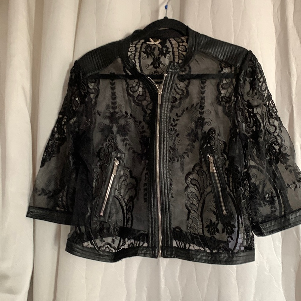 Fracomina Polyester Lace Faux Leather Trim Jacket L
